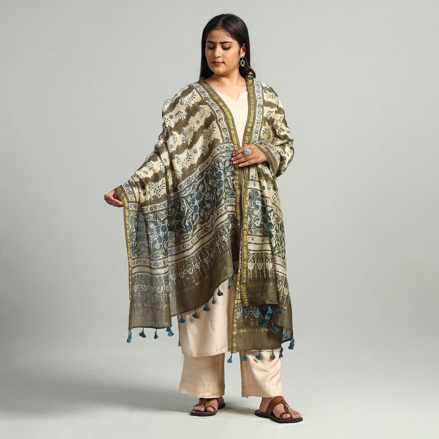 Block Printed Chanderi Silk Handloom Ajrakh Dupatta