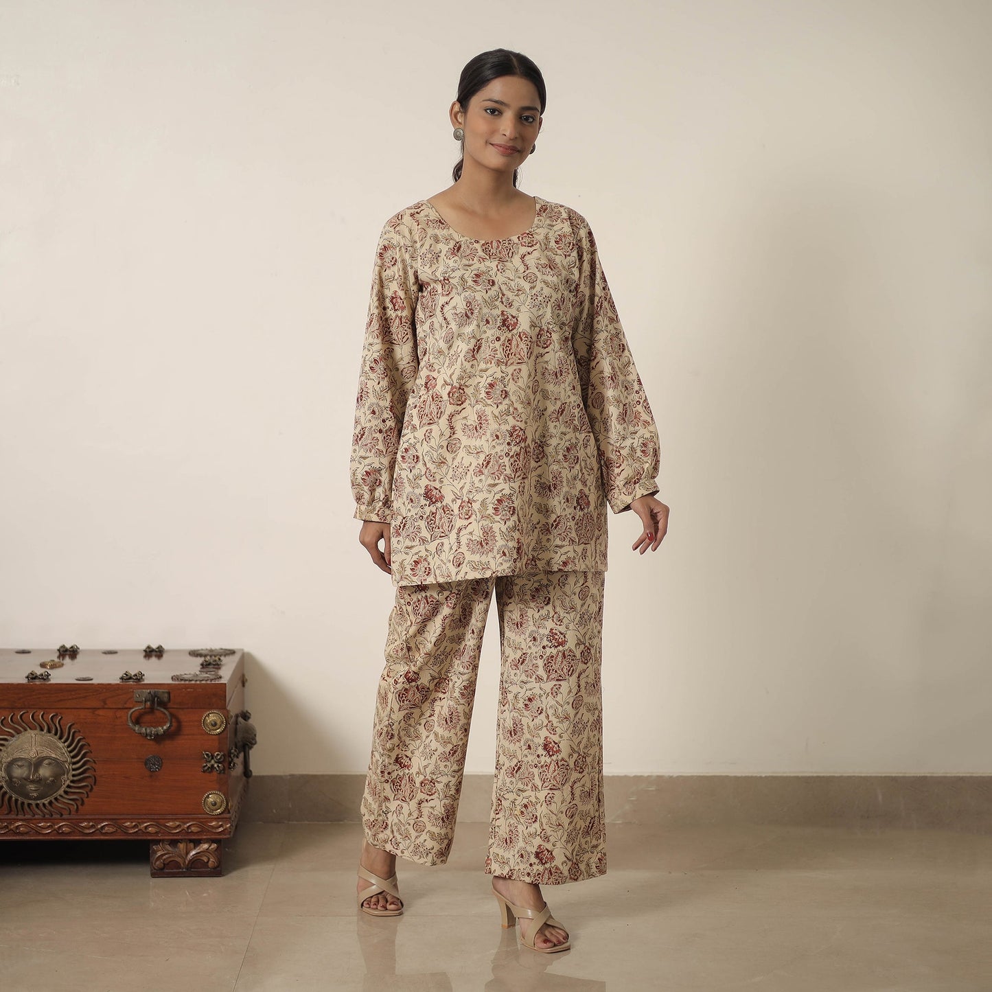 Beige Block Printed Cotton Kalamkari Co-ord Set