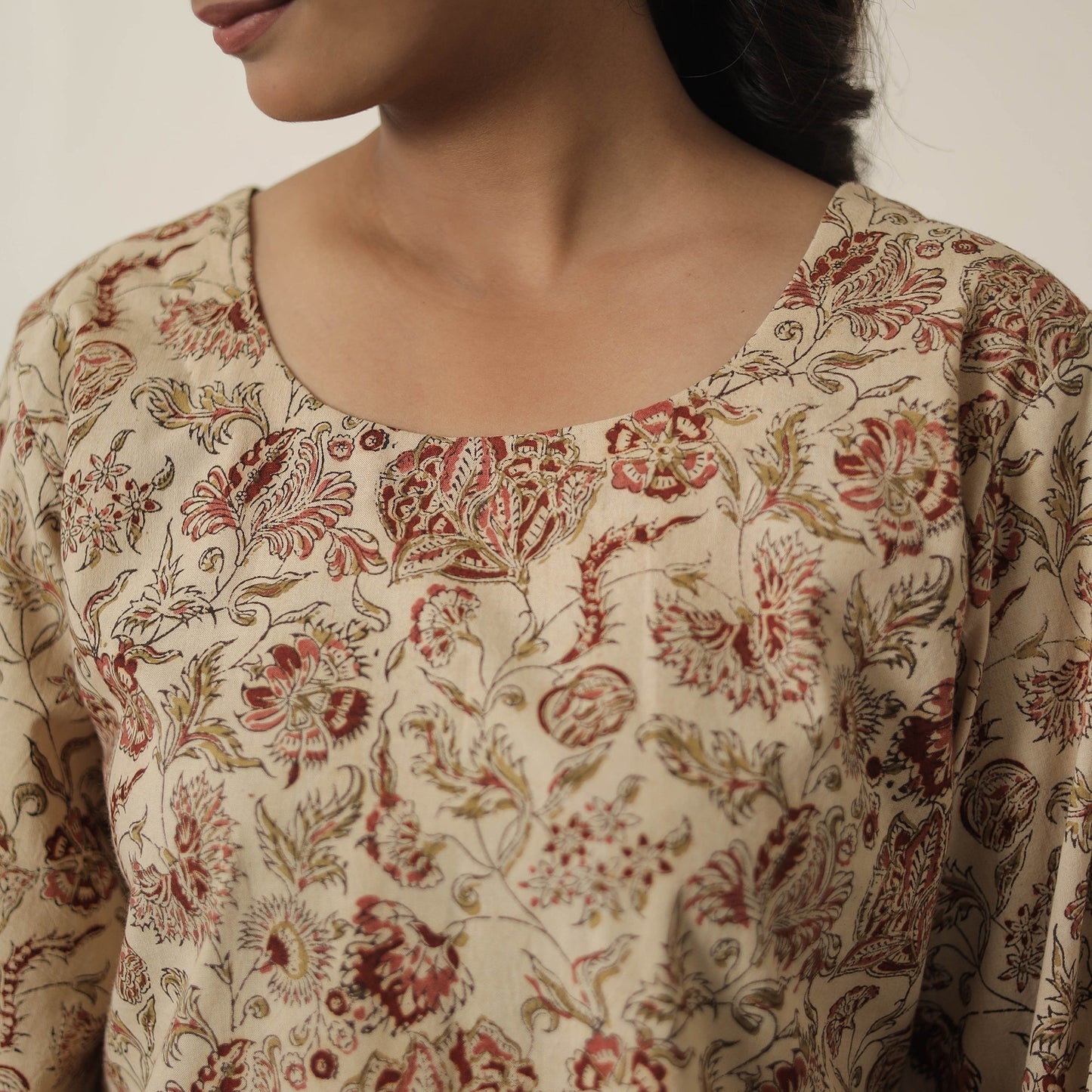 Beige Block Printed Cotton Kalamkari Co-ord Set