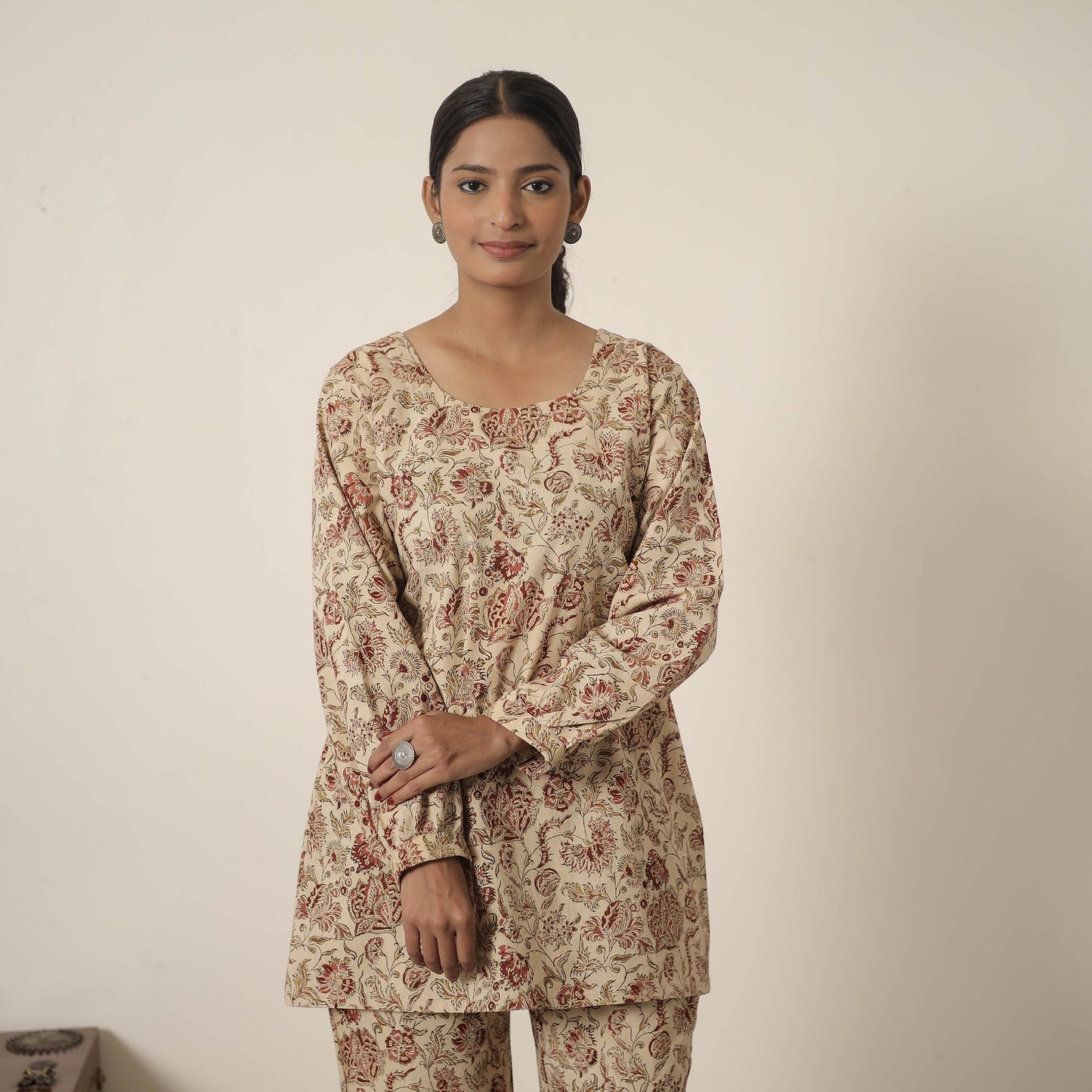 Beige Block Printed Cotton Kalamkari Co-ord Set