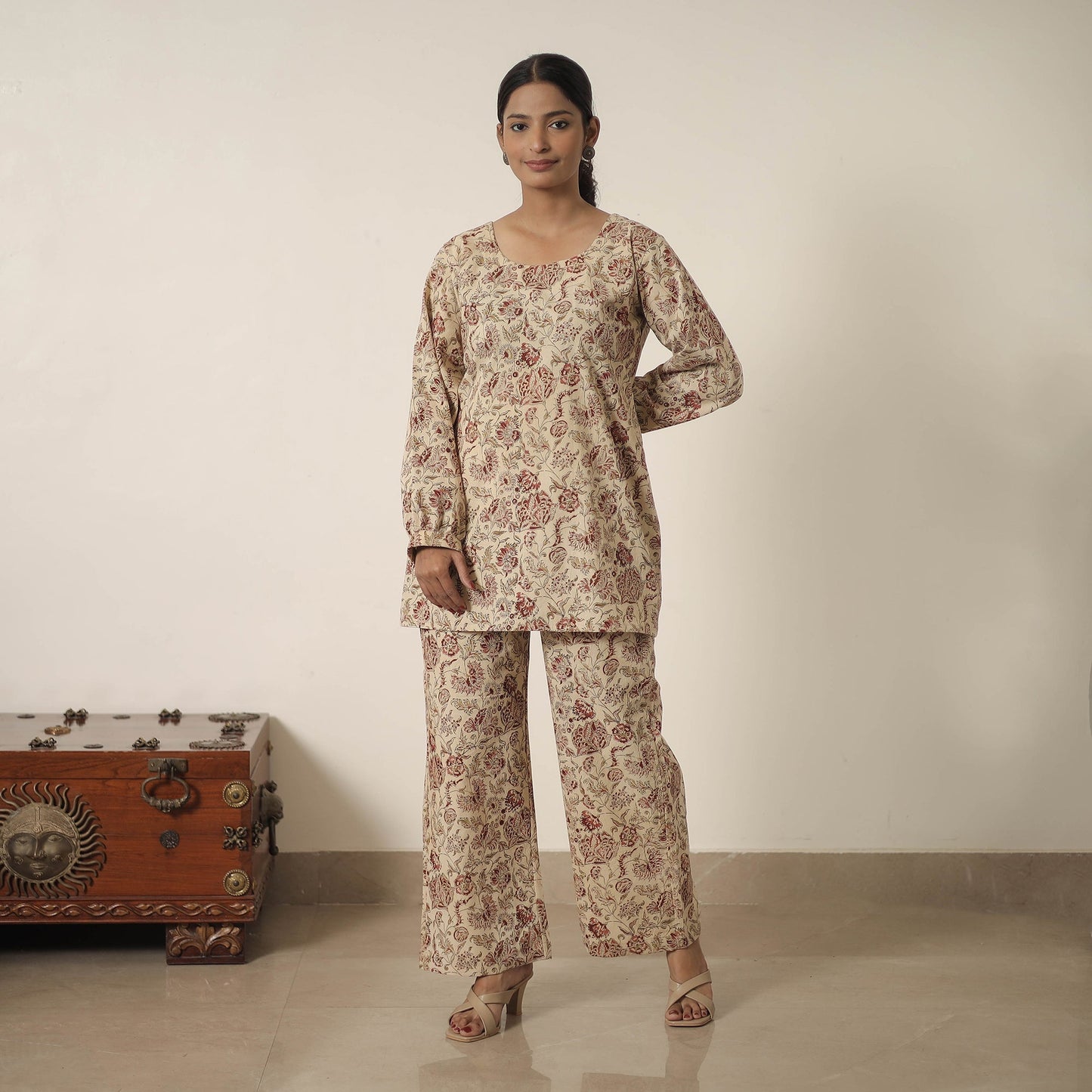 Beige Block Printed Cotton Kalamkari Co-ord Set