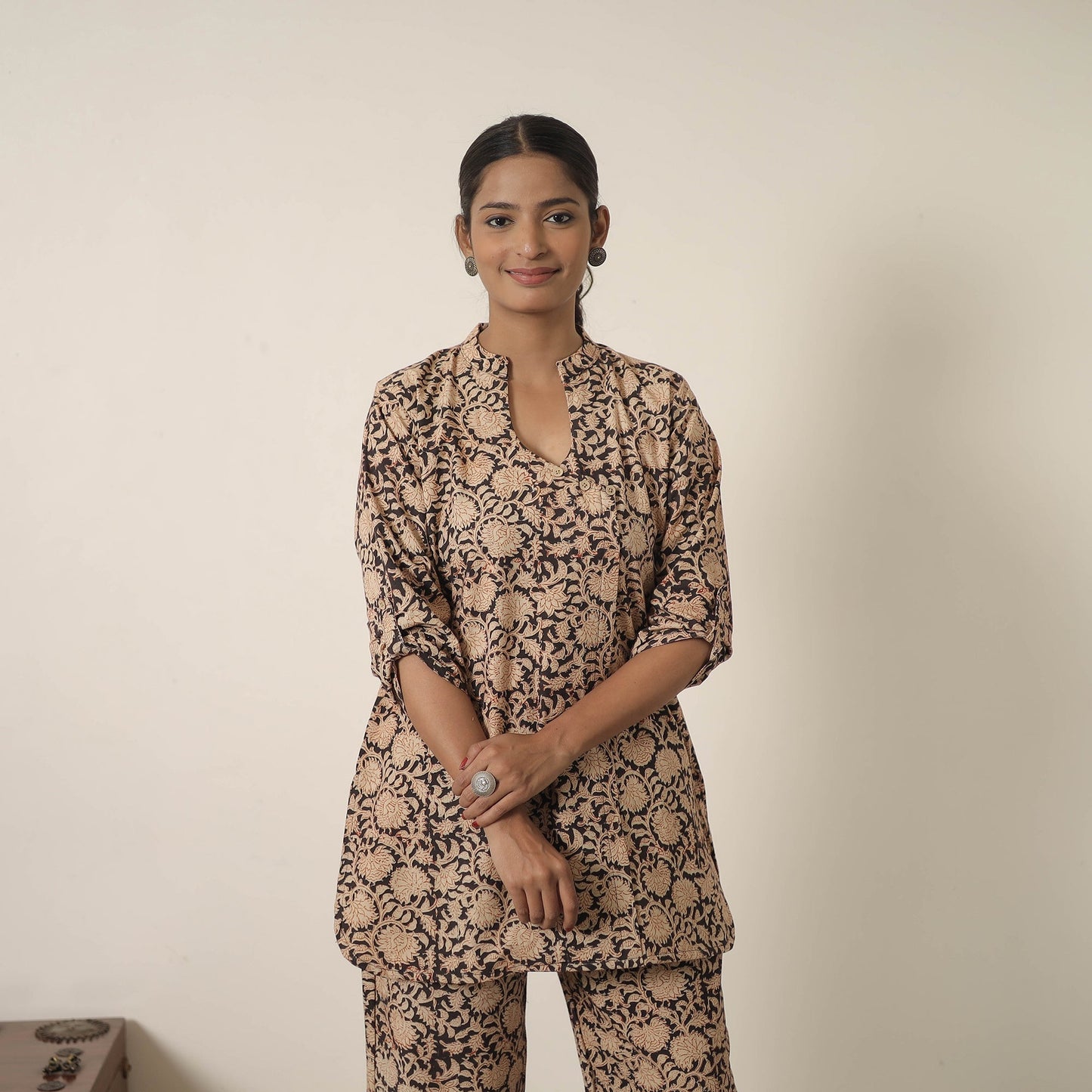 Beige Block Printed Cotton Kalamkari Co-ord Set