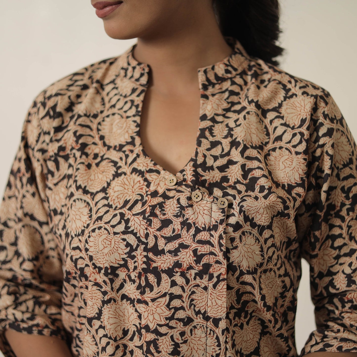 Beige Block Printed Cotton Kalamkari Co-ord Set