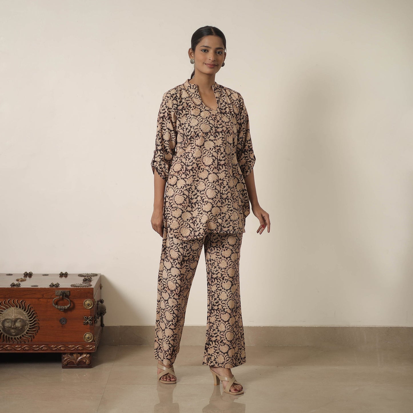 Beige Block Printed Cotton Kalamkari Co-ord Set