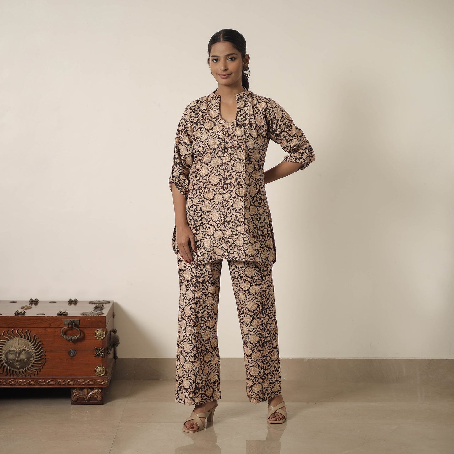 Beige Block Printed Cotton Kalamkari Co-ord Set
