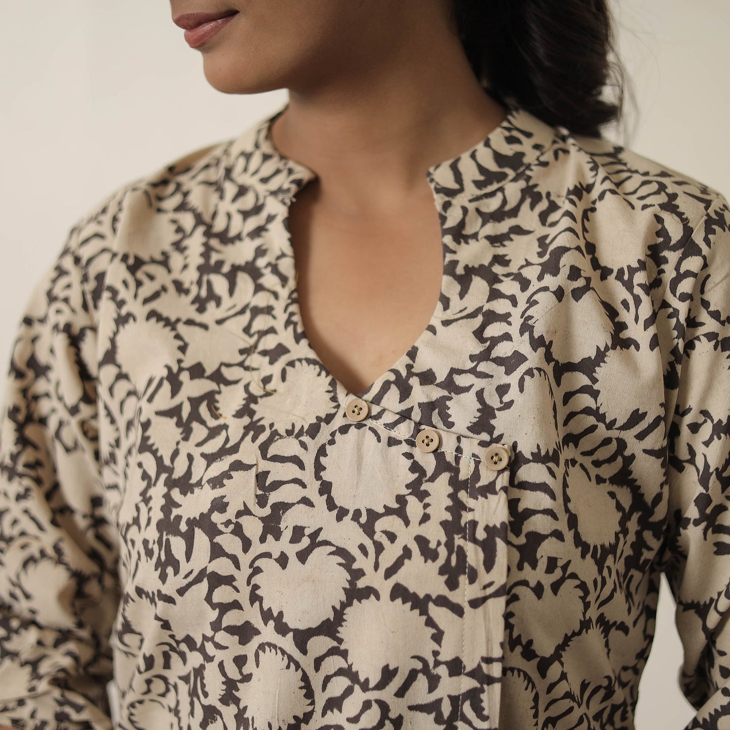 Beige Block Printed Cotton Kalamkari Co-ord Set