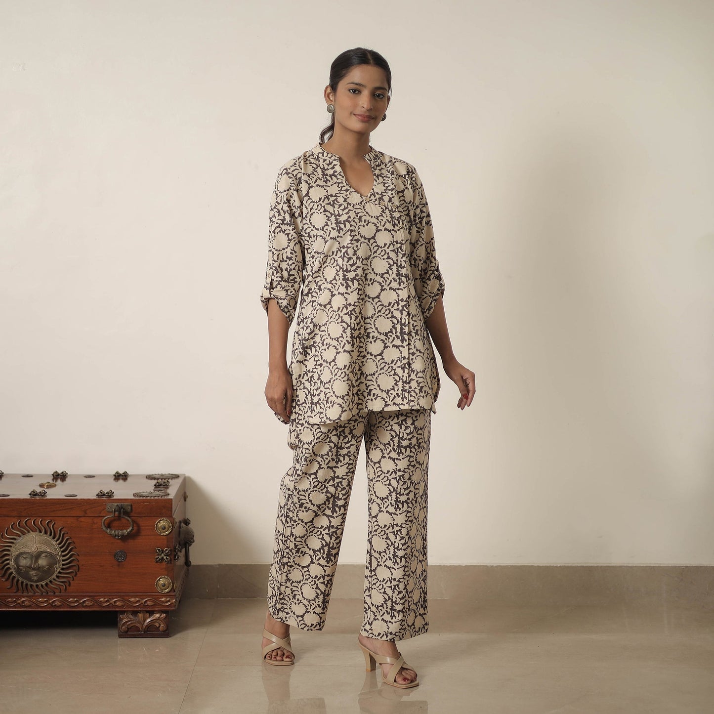 Beige Block Printed Cotton Kalamkari Co-ord Set