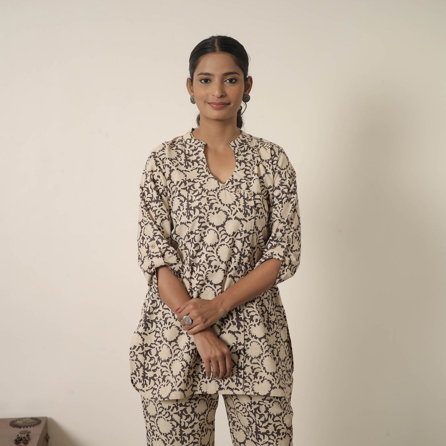Beige Block Printed Cotton Kalamkari Co-ord Set