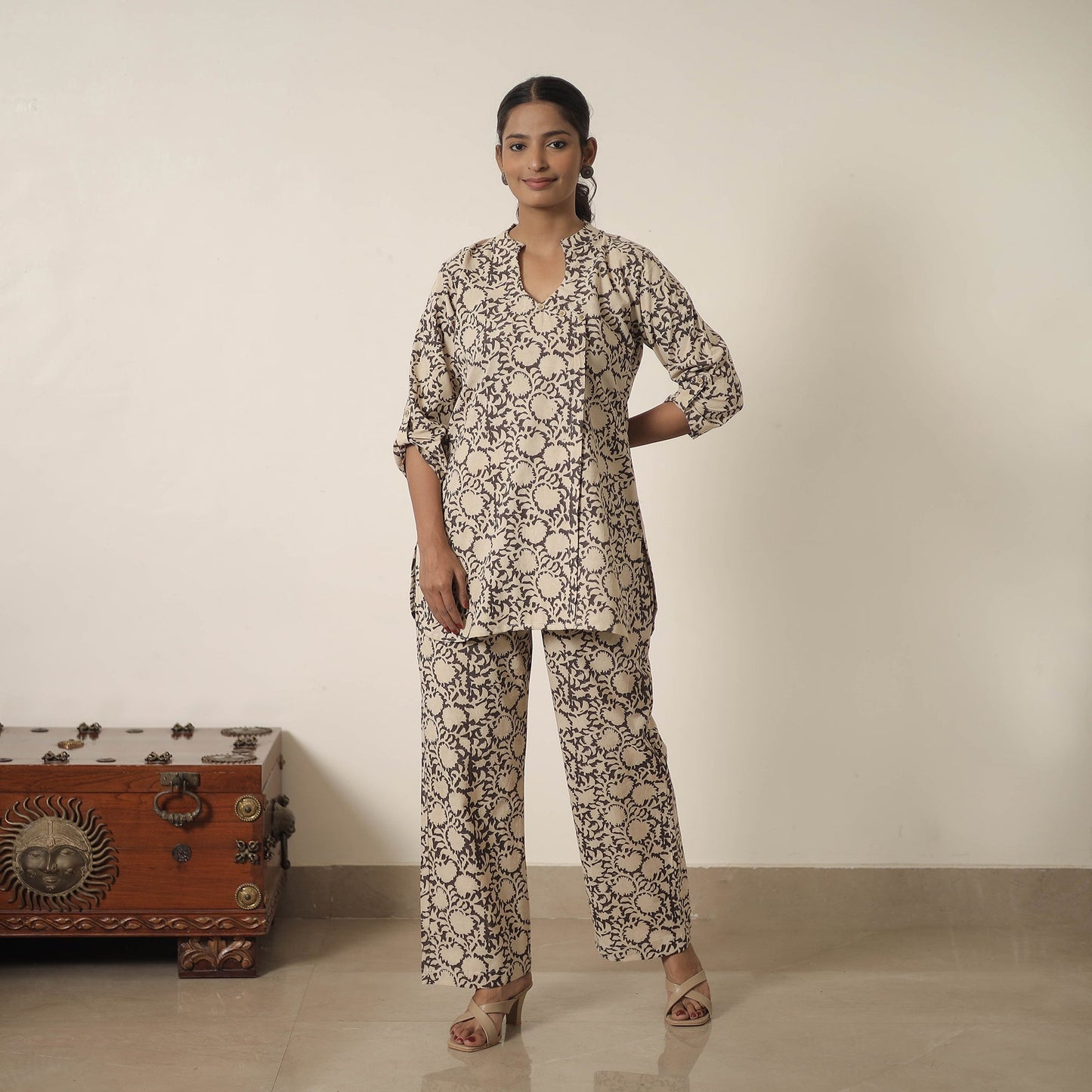 Beige Block Printed Cotton Kalamkari Co-ord Set