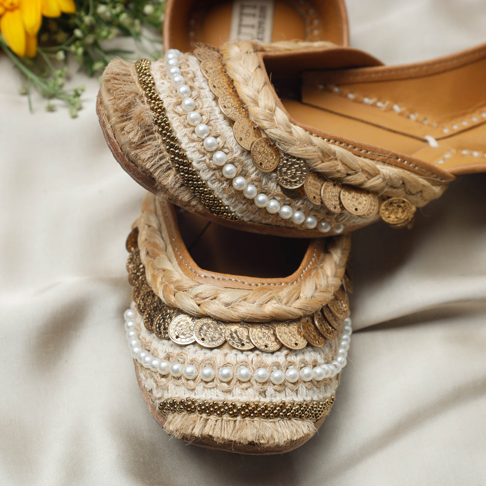 Beige Handstitched Embroidered Jutti