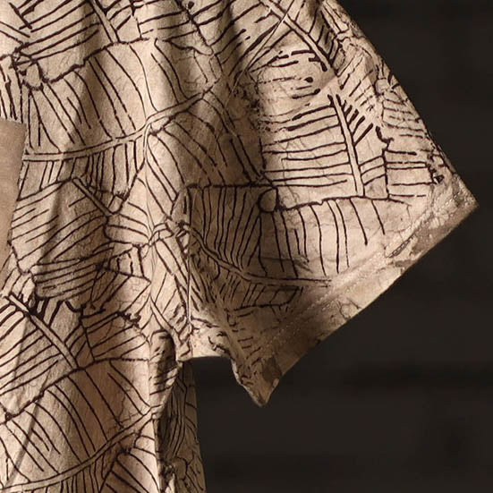 Brown Block Art Prints Natural Dyed Cotton Round Neck T-shirt