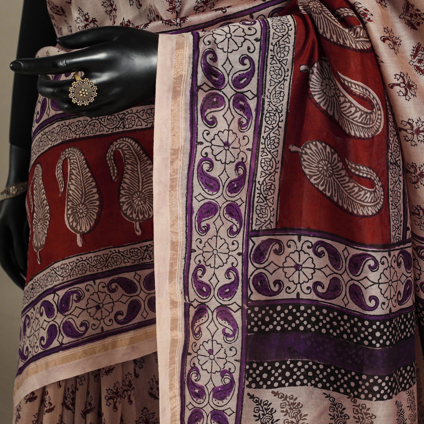 Beige - handloom chanderi silk bagh saree 07 - handcrafted