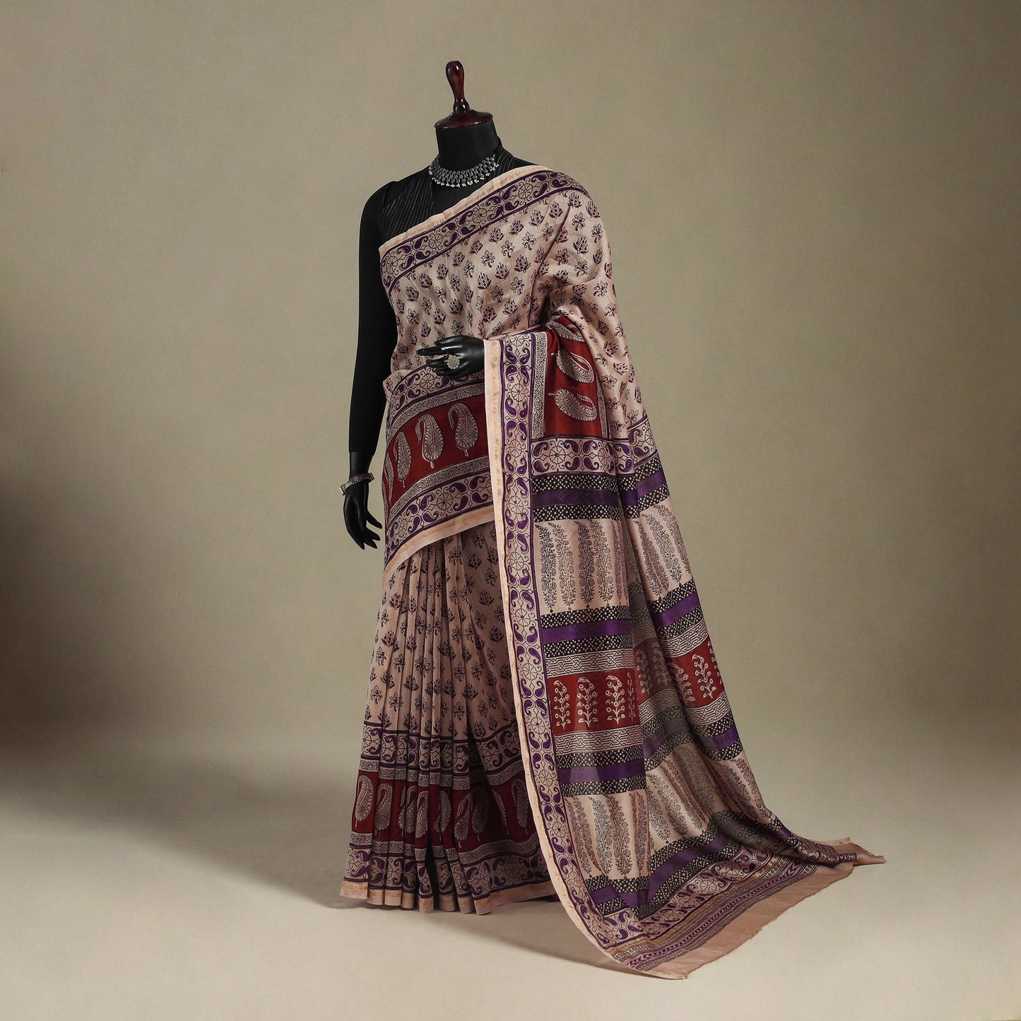 Beige - handloom chanderi silk bagh saree 07 - handcrafted