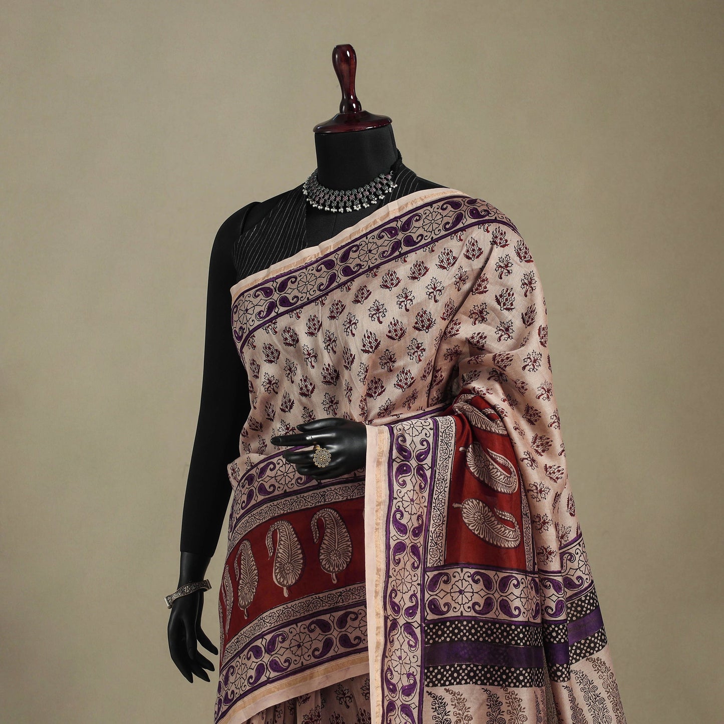 Beige - handloom chanderi silk bagh saree 07 - handcrafted