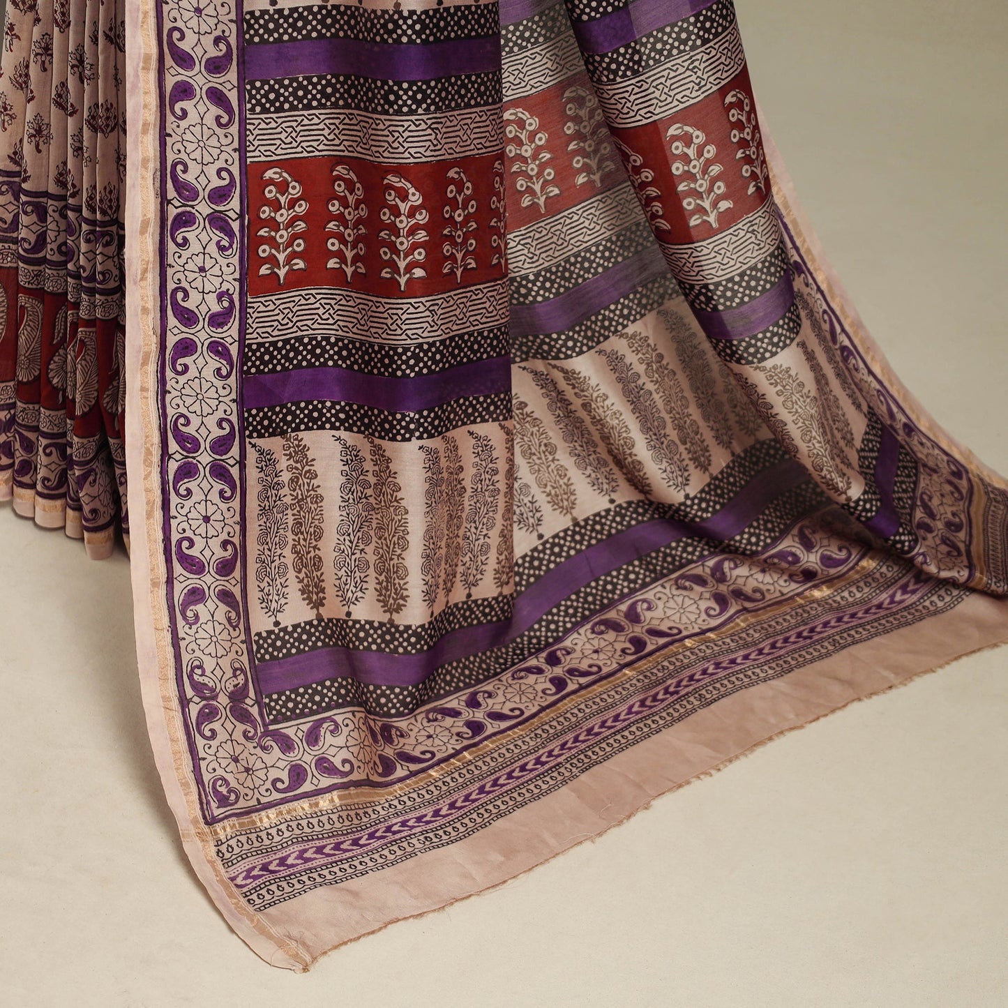 Beige - handloom chanderi silk bagh saree 07 - handcrafted