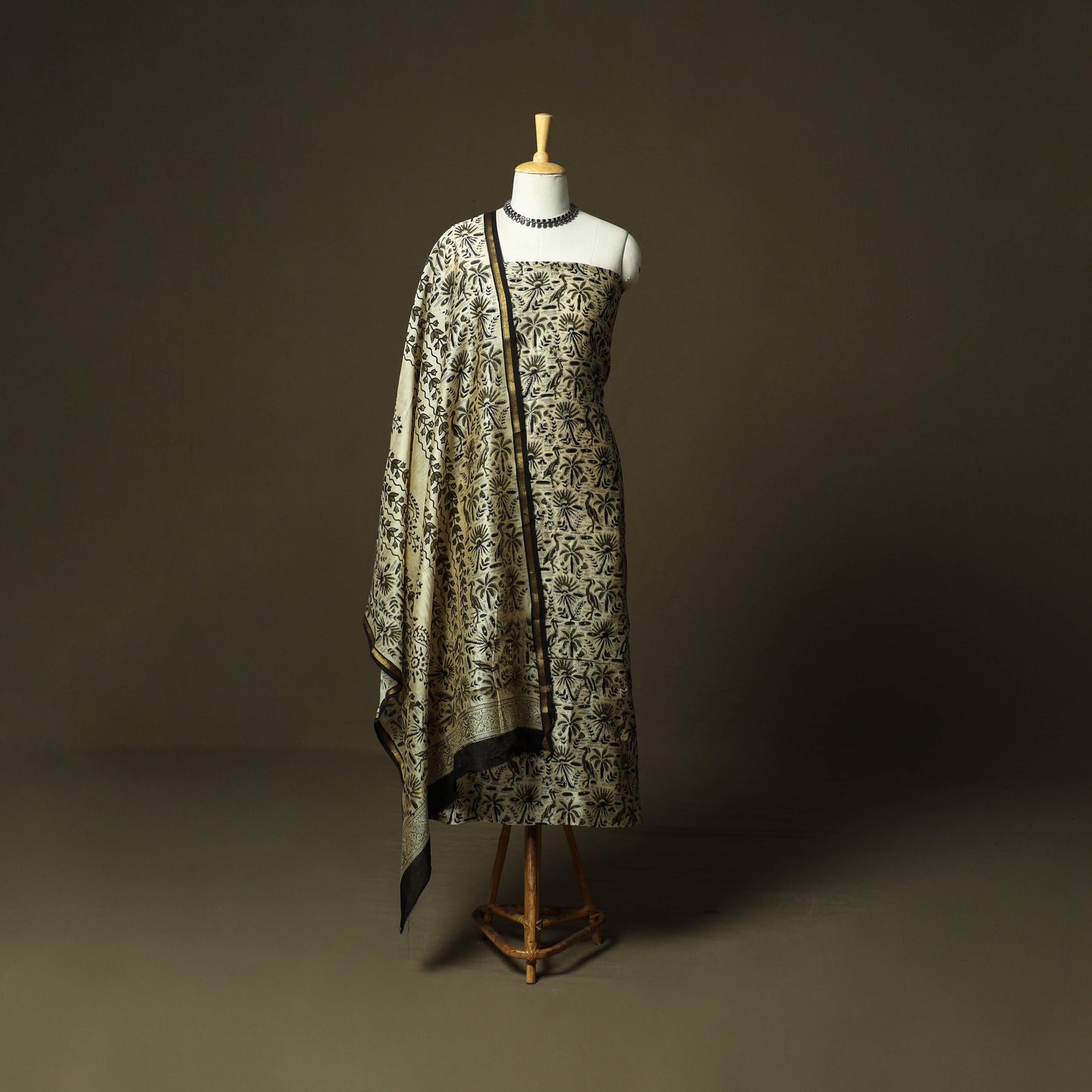 Chanderi silk hand block bagru print 3pc unstitched dress
