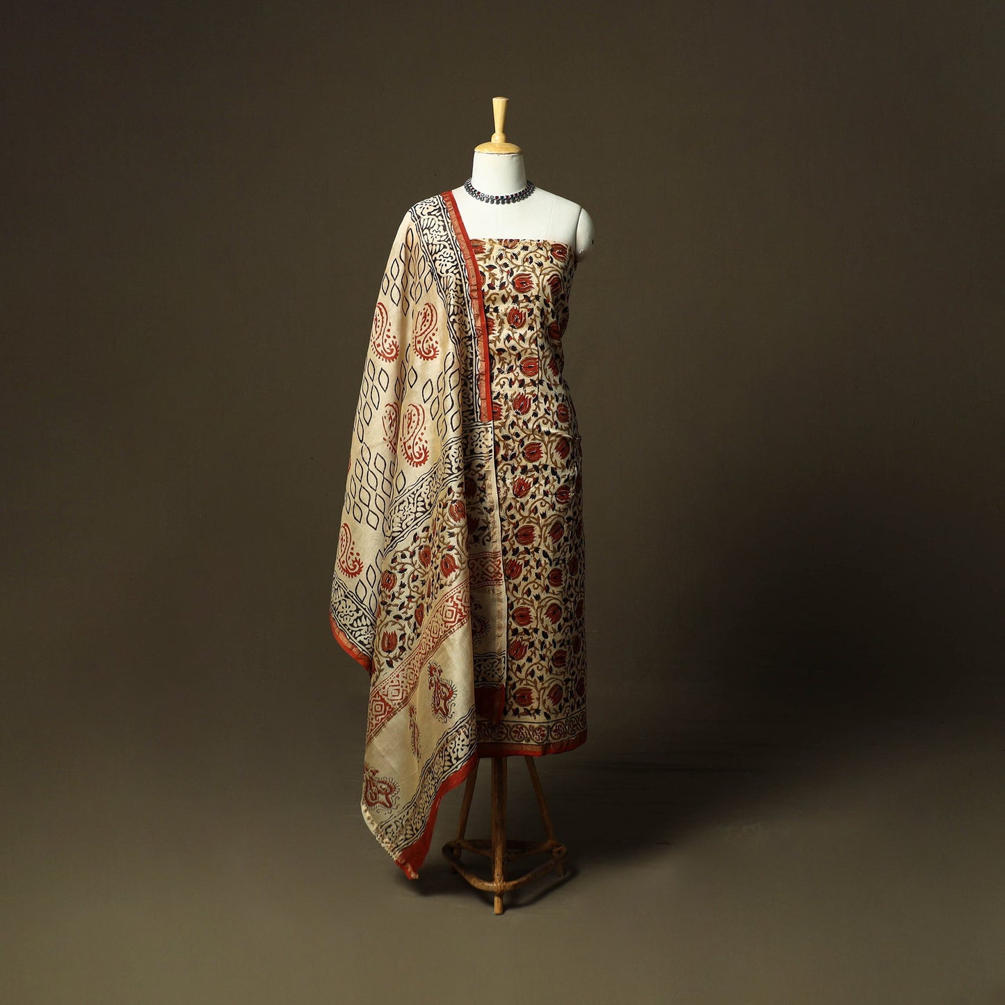 Chanderi silk hand block bagru print 3pc unstitched dress