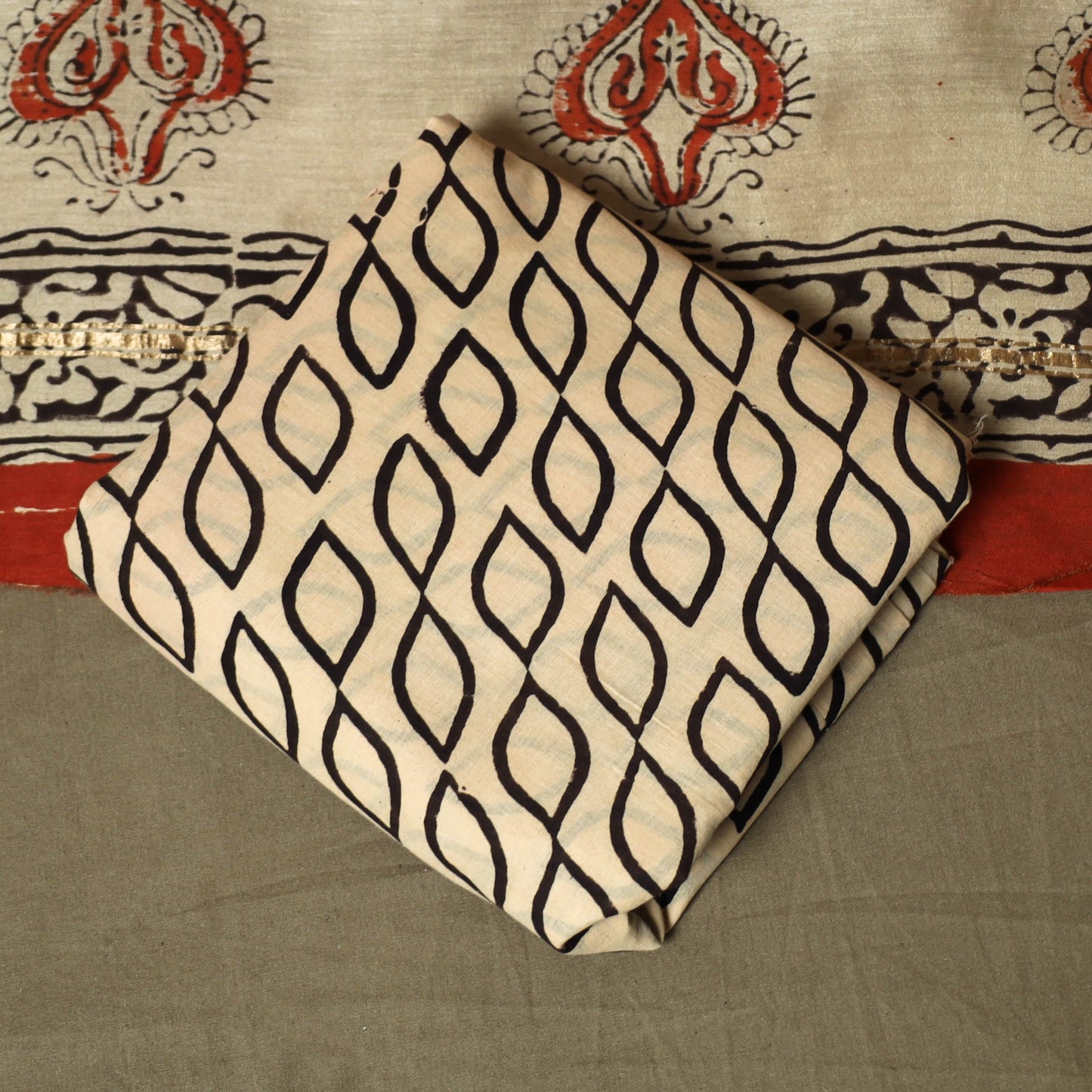 Chanderi silk hand block bagru print 3pc unstitched dress