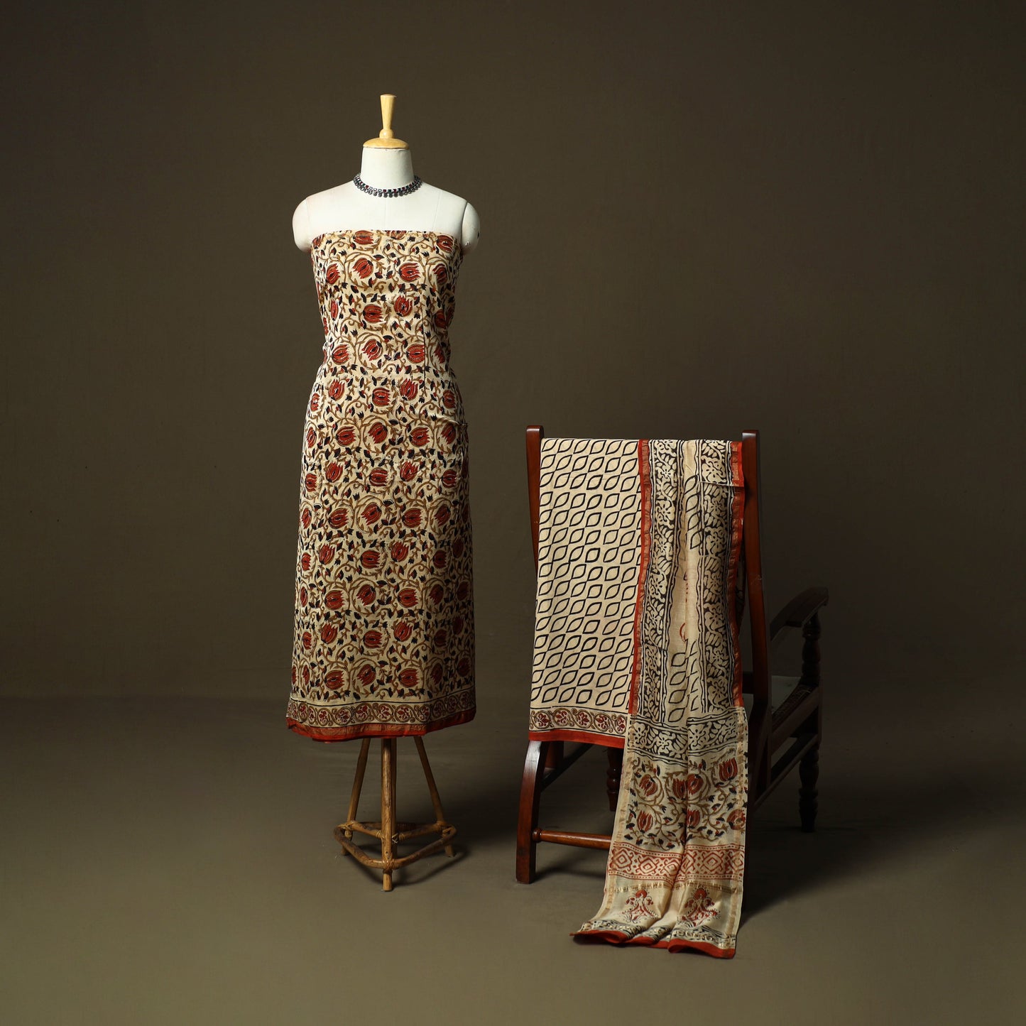 Chanderi silk hand block bagru print 3pc unstitched dress