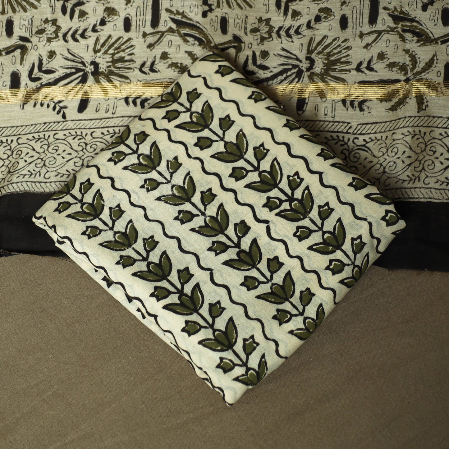 Chanderi silk hand block bagru print 3pc unstitched dress