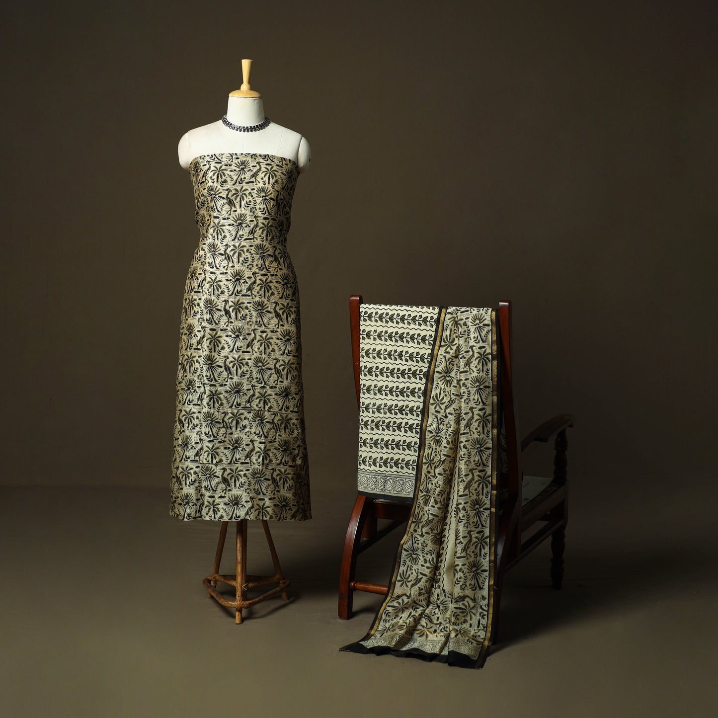 Chanderi silk hand block bagru print 3pc unstitched dress