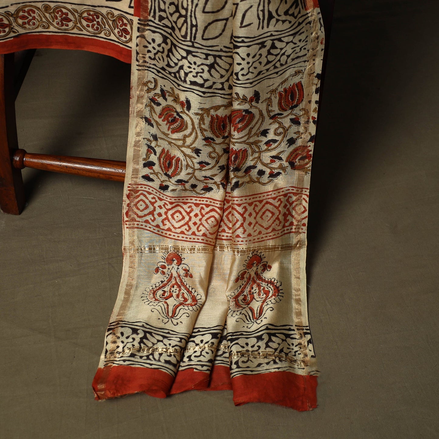 Chanderi silk hand block bagru print 3pc unstitched dress