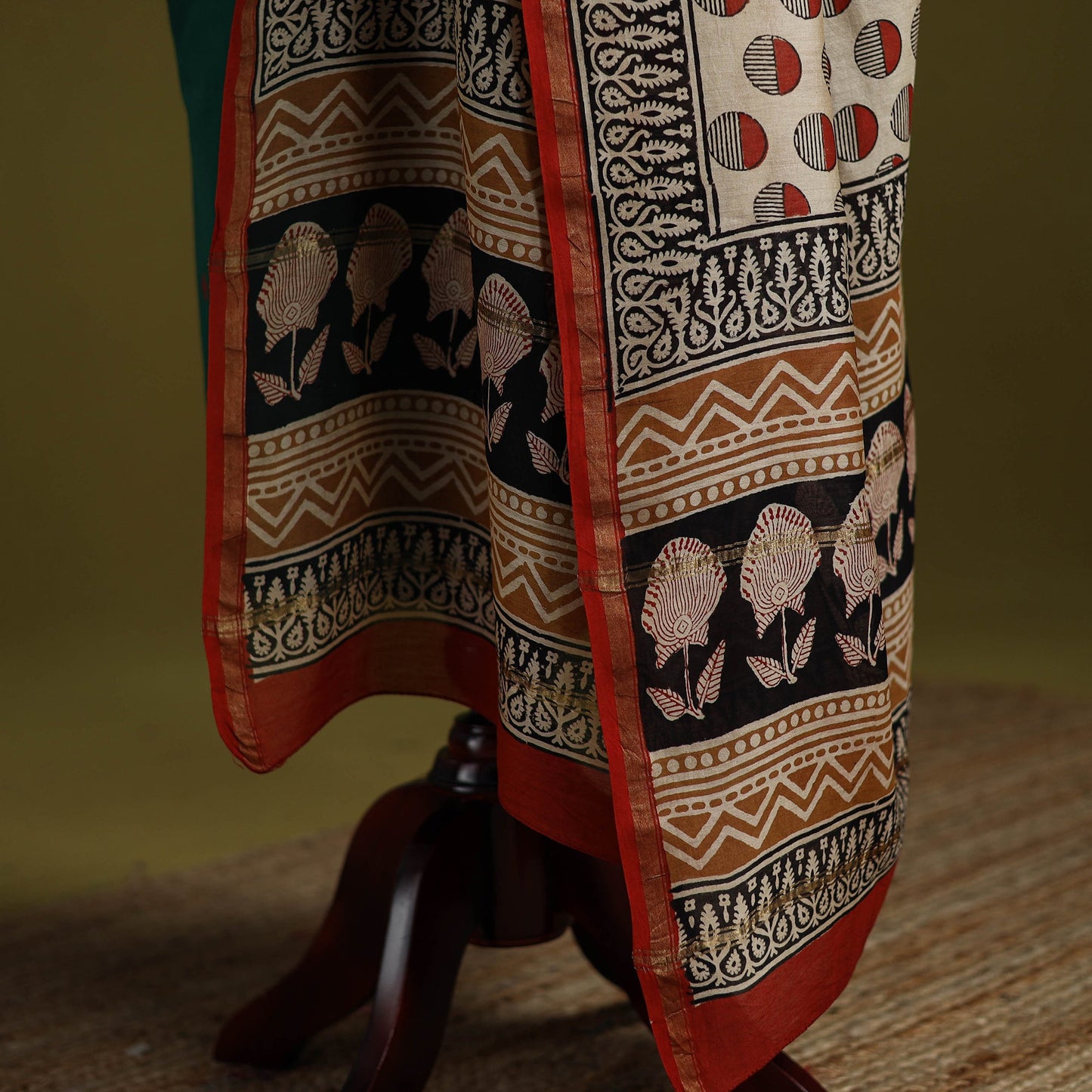 Beige - chanderi silk hand natural dyed bagru dupatta 14