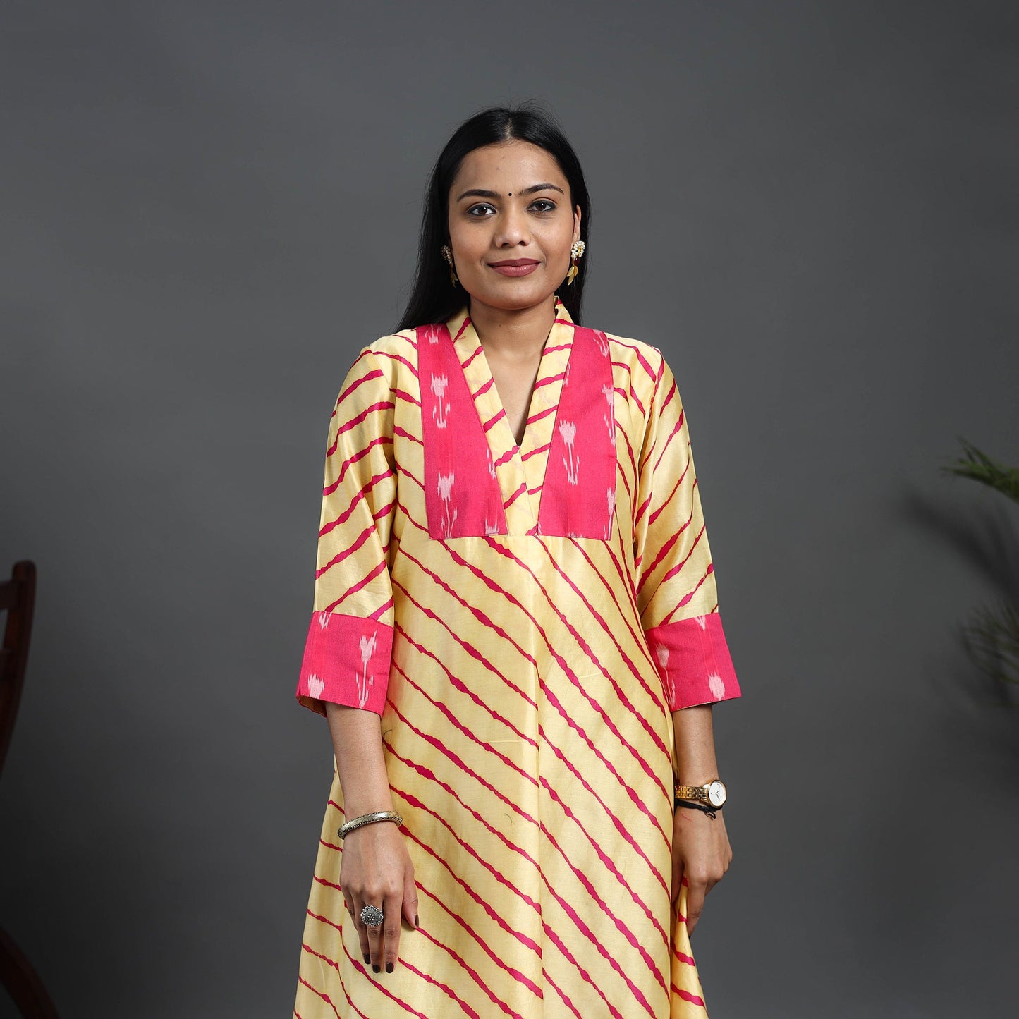Beige - chanderi silk a-line patchwork tie-dye leheriya