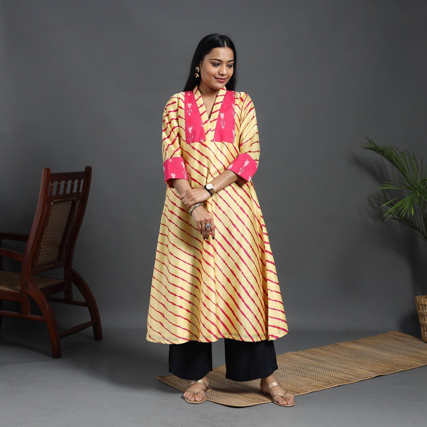 Beige - chanderi silk a-line patchwork tie-dye leheriya