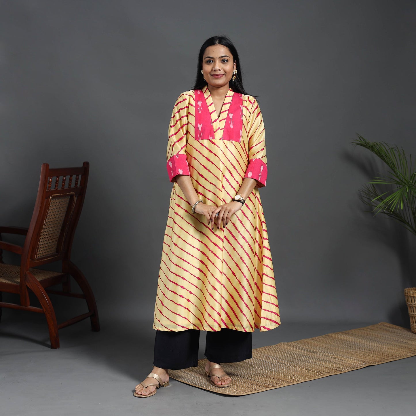 Beige - chanderi silk a-line patchwork tie-dye leheriya