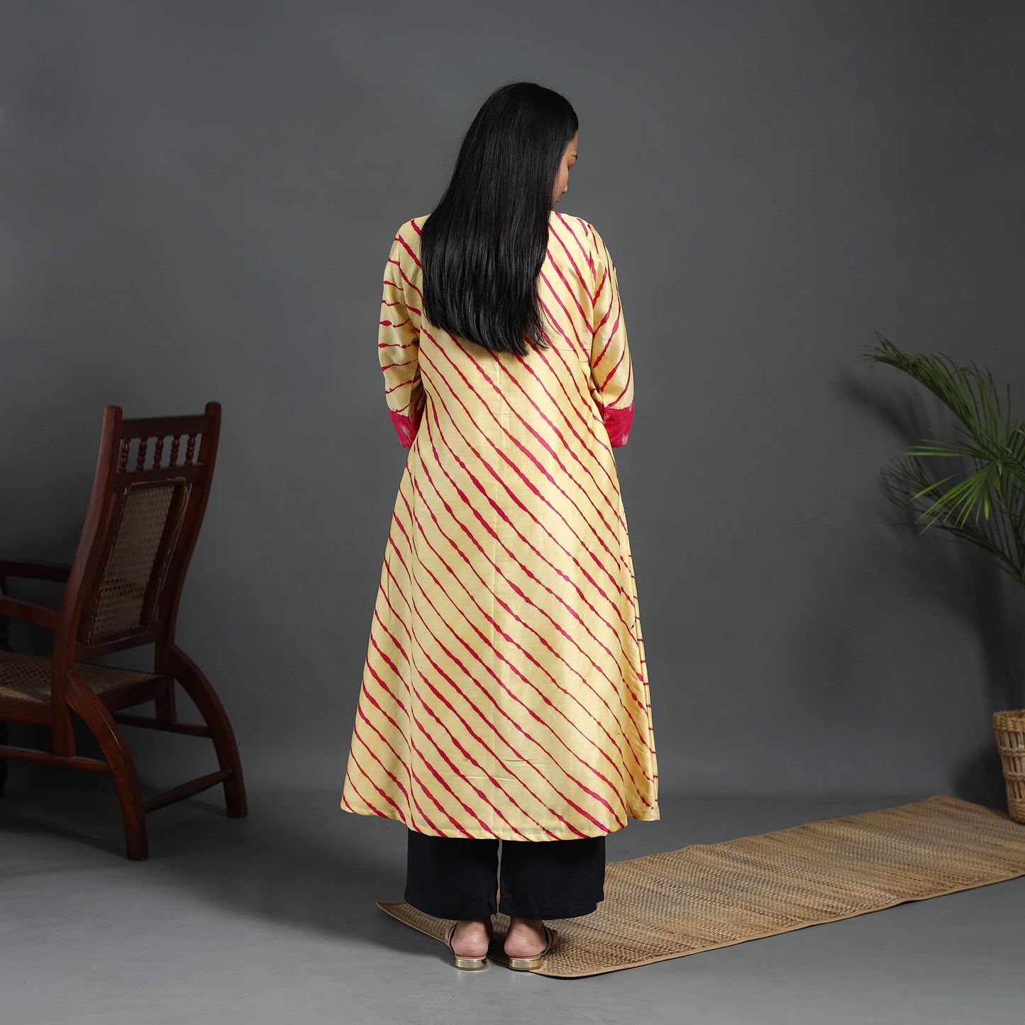 Beige - chanderi silk a-line patchwork tie-dye leheriya