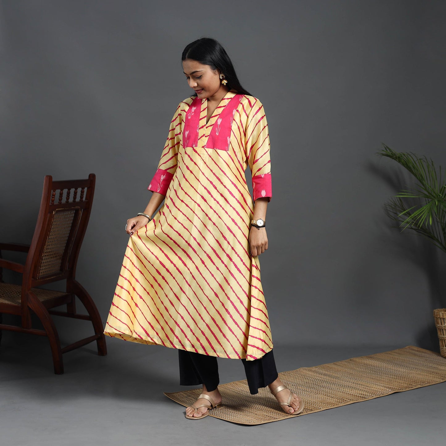 Beige - chanderi silk a-line patchwork tie-dye leheriya