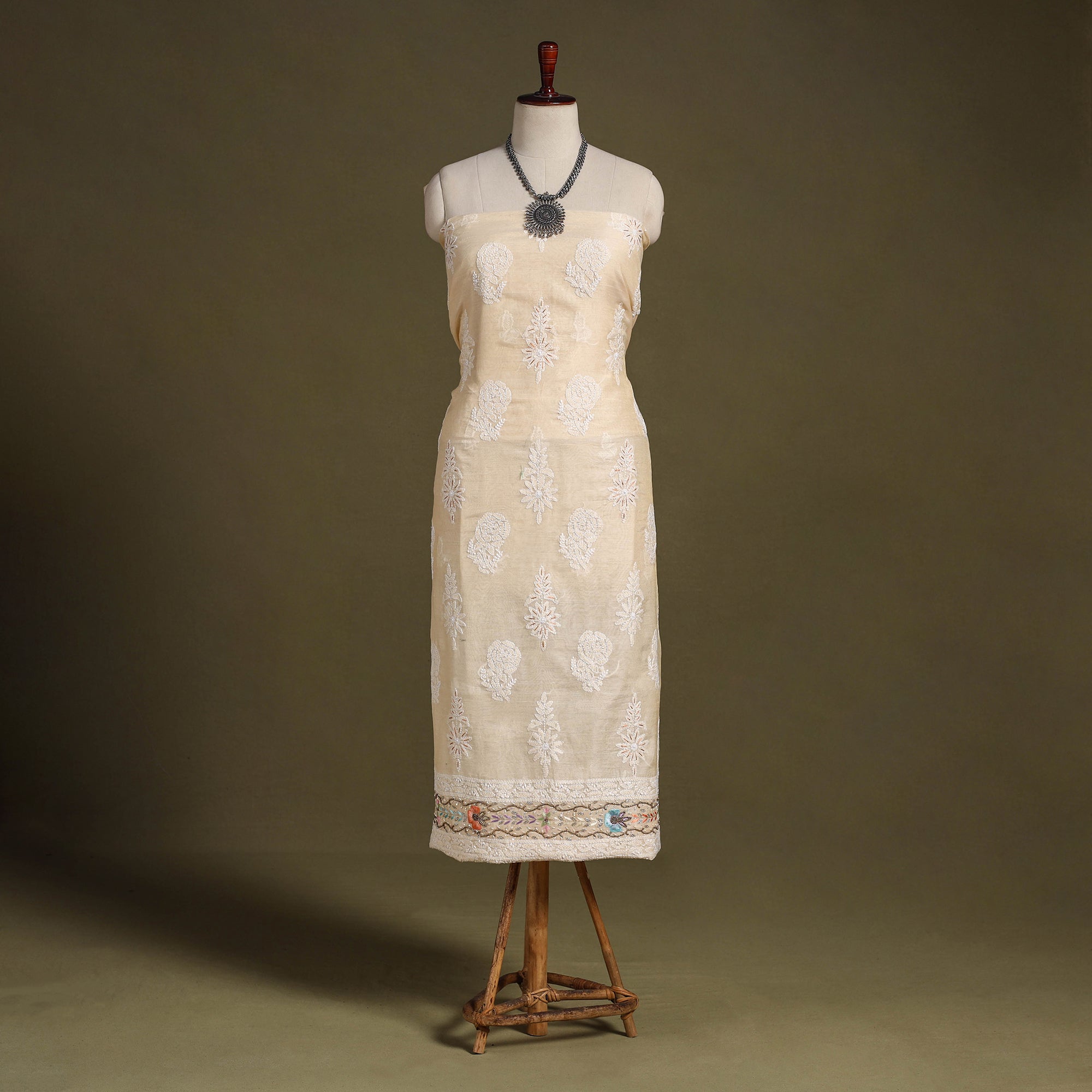 Yellow - Lucknow Chikankari with Parsi Style Embroidered Cotton Unstitched Kurta Material - 2.9 Meter