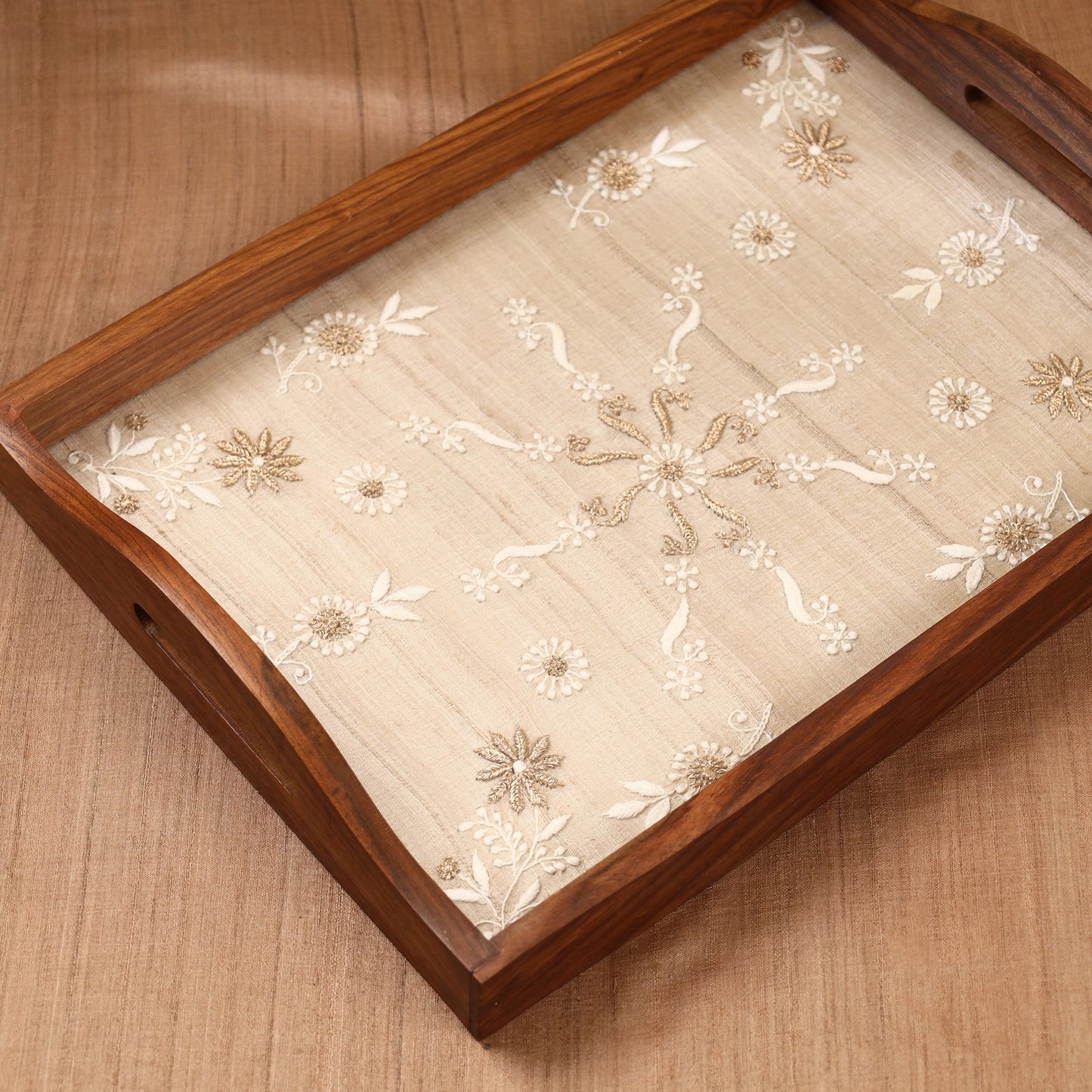 Beige Chikankari Zari Hand Embroidered Sheesham Wood Tray