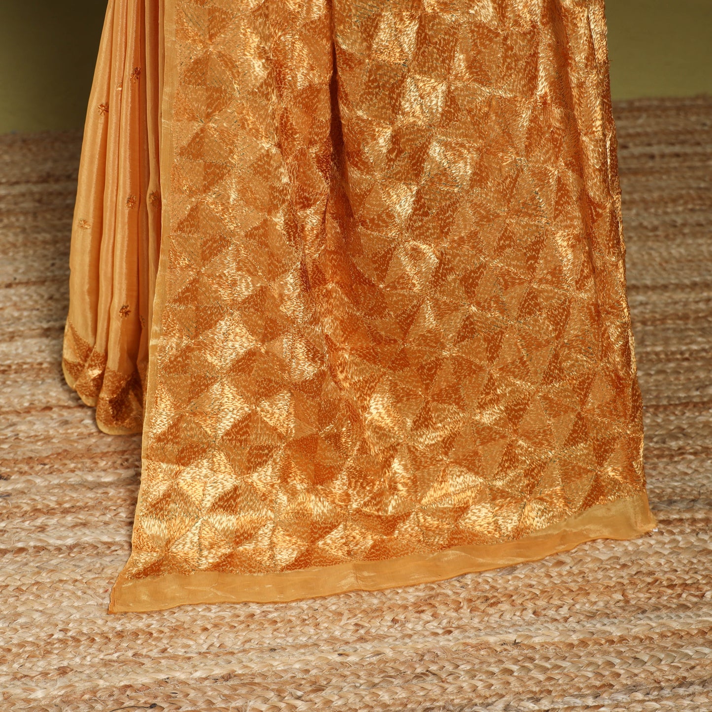 Beige - chinon silk hand embroidery phulkari saree 12