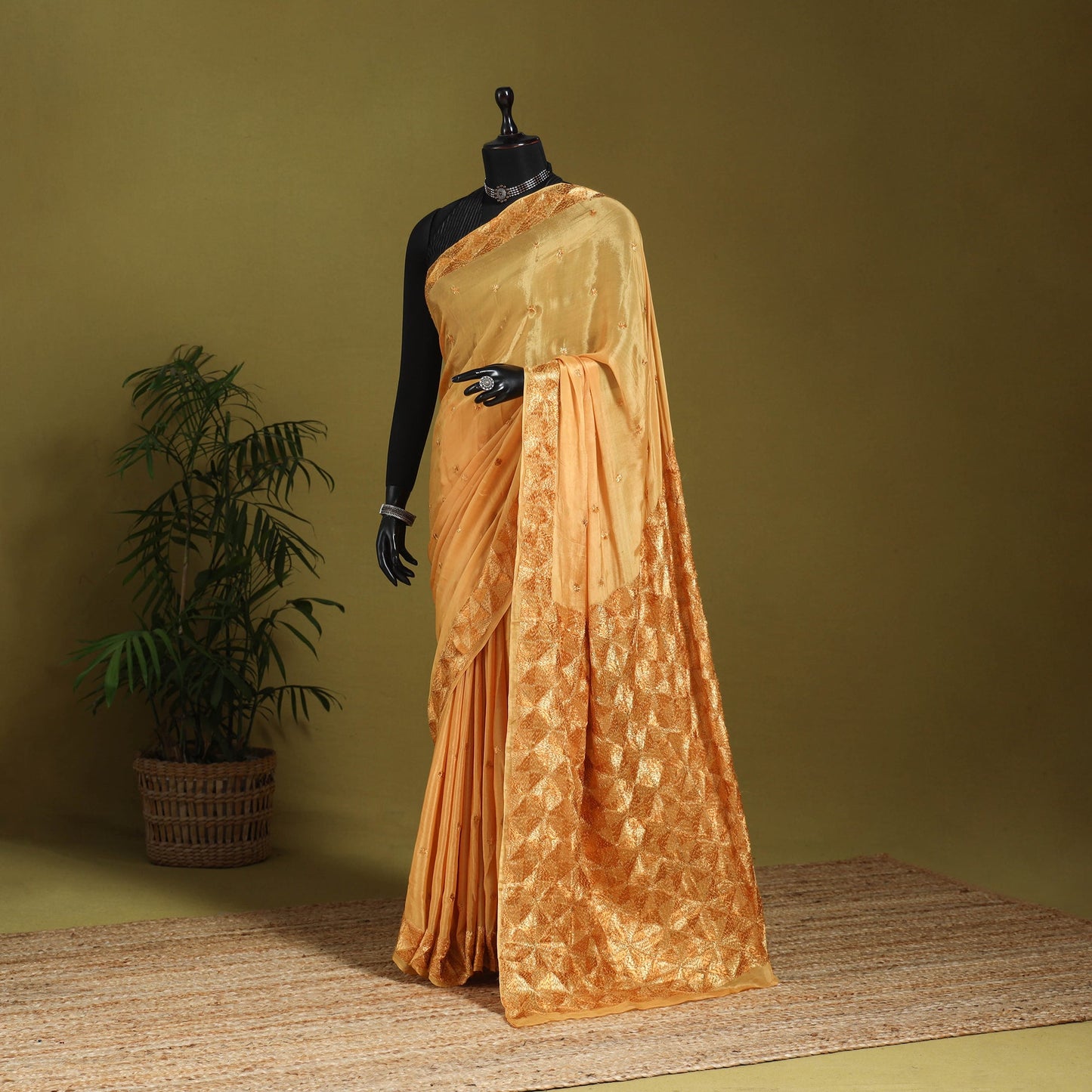 Beige - chinon silk hand embroidery phulkari saree 12