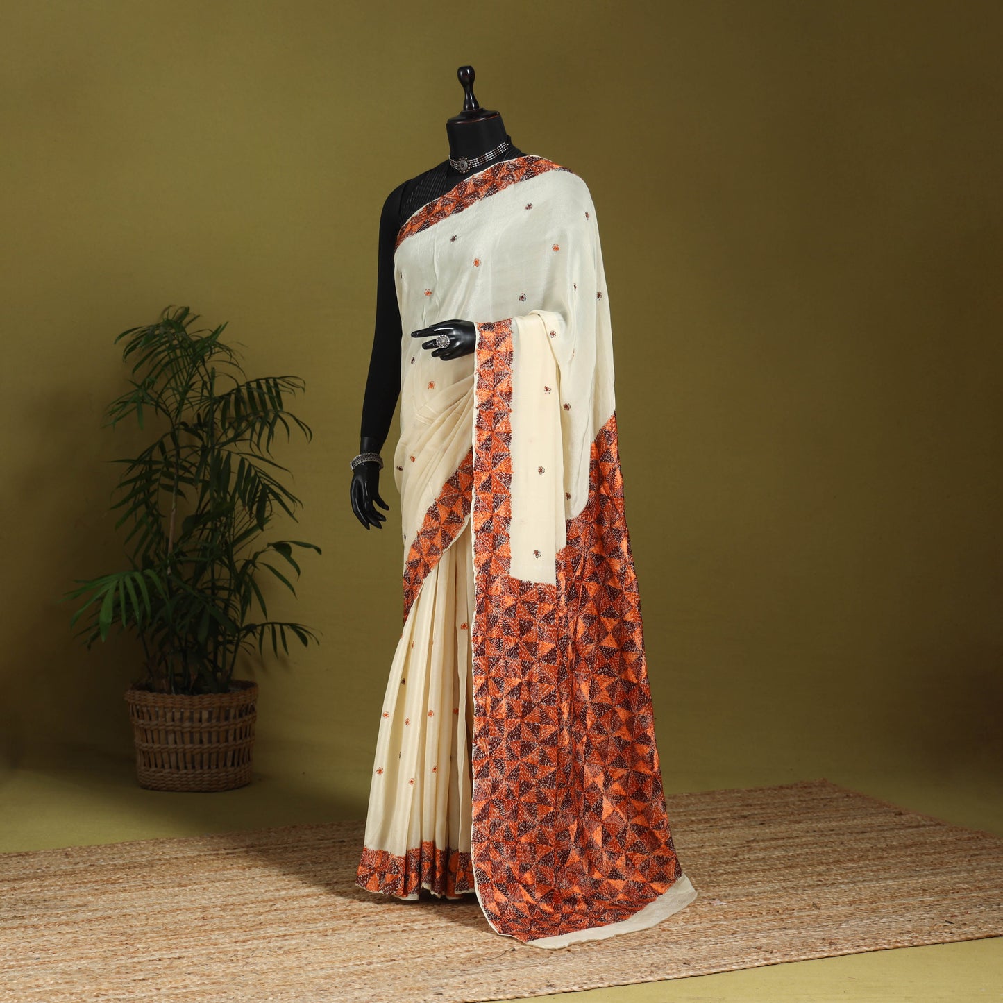 Beige - chinon silk hand embroidery phulkari saree 16