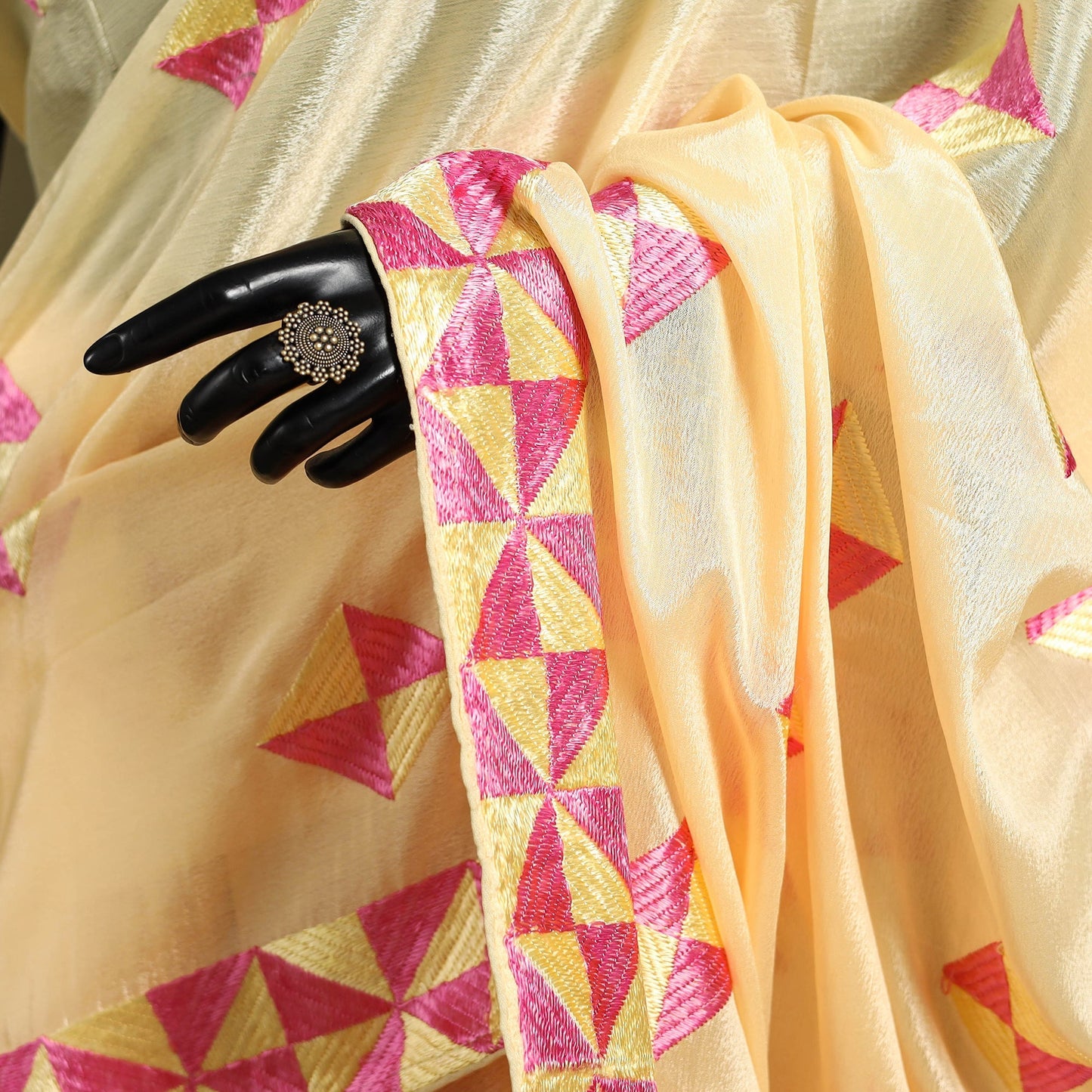 Beige - chinon embroidery phulkari saree 25 - handcrafted