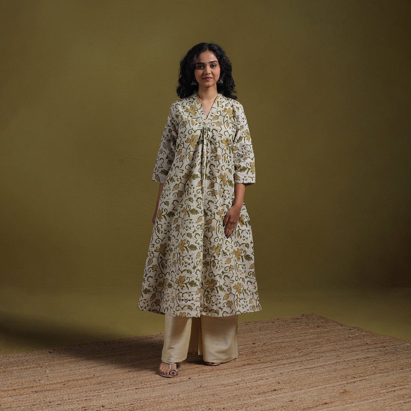 Cotton hand batik embroidered a-line kurta for women 06