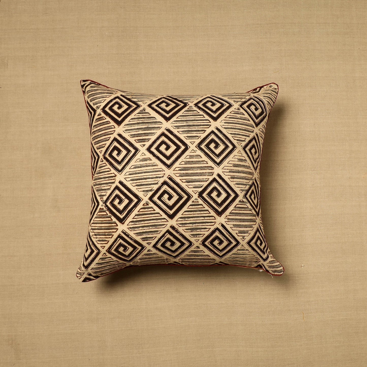 Beige Block Print Cotton Kalamkari Cushion Cover