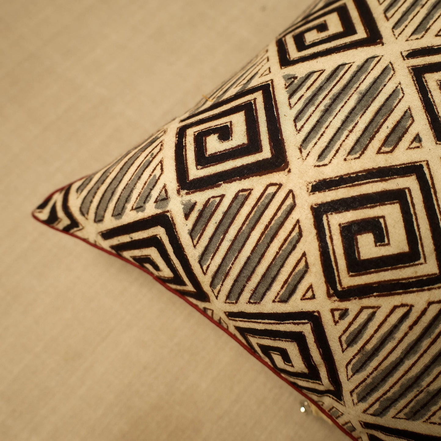 Beige Block Print Cotton Kalamkari Cushion Cover