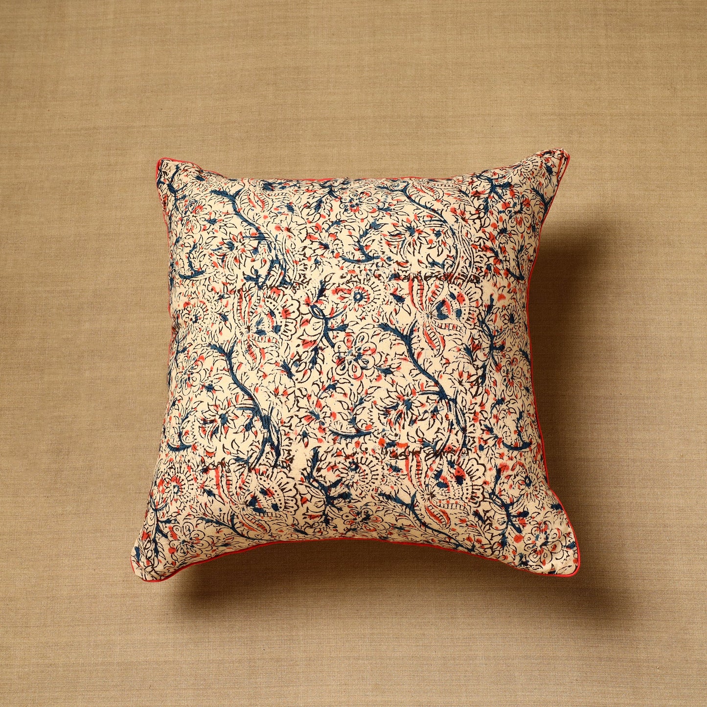 Beige Block Print Cotton Kalamkari Cushion Cover