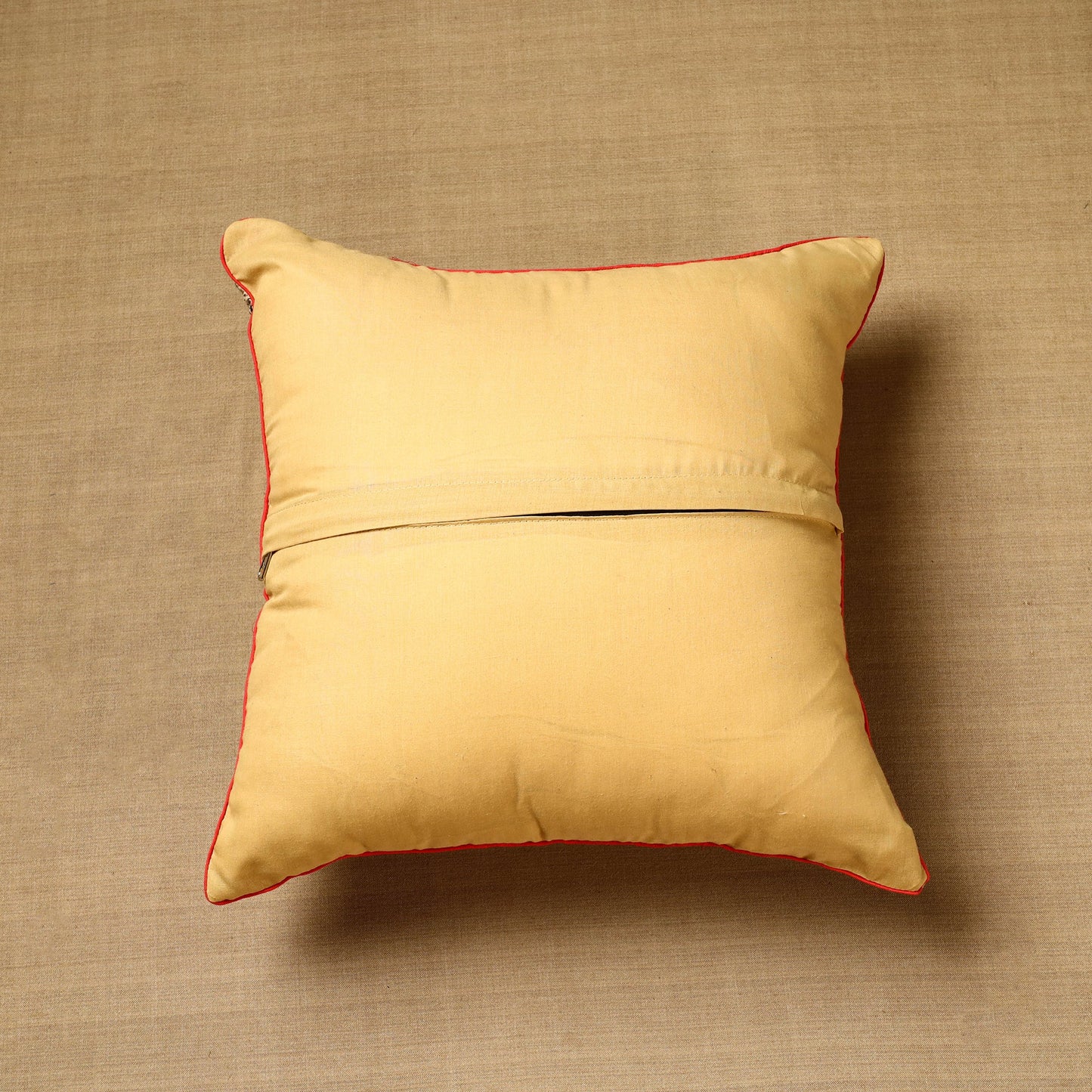 Beige Block Print Cotton Kalamkari Cushion Cover
