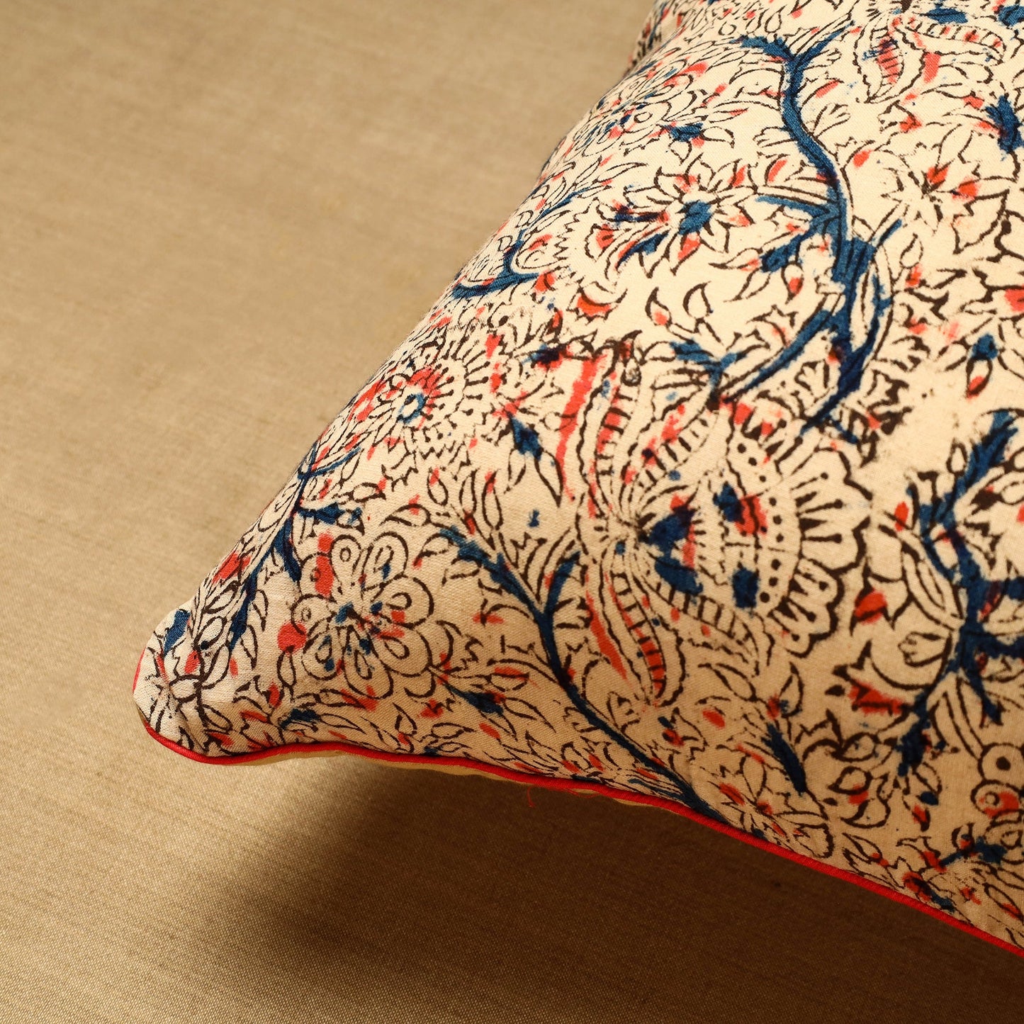 Beige Block Print Cotton Kalamkari Cushion Cover