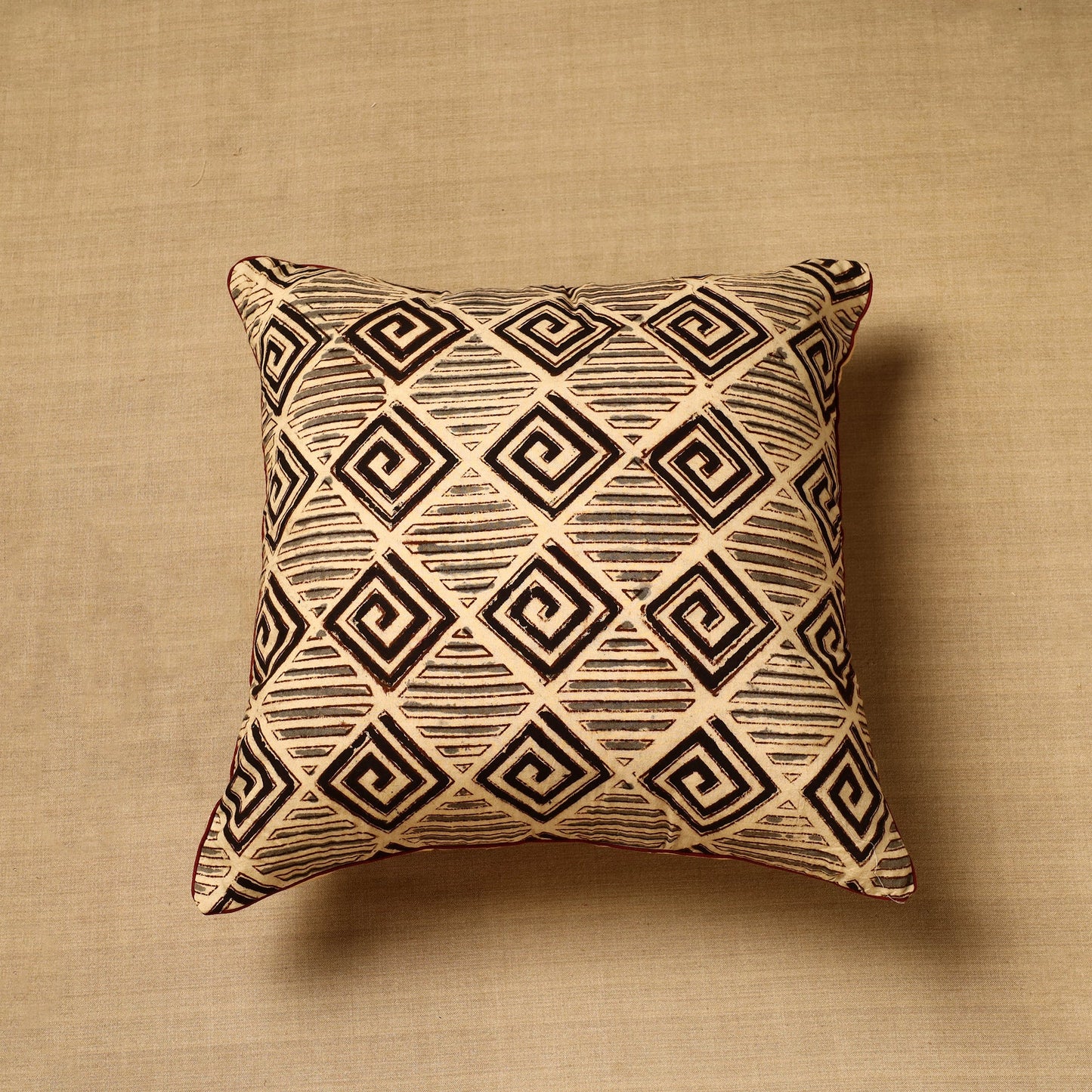 Beige Block Print Cotton Kalamkari Cushion Cover