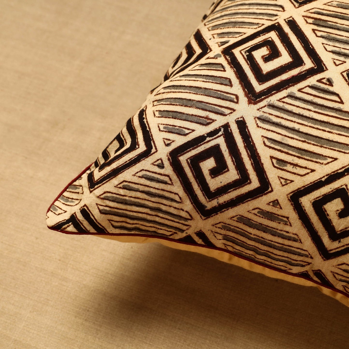 Beige Block Print Cotton Kalamkari Cushion Cover