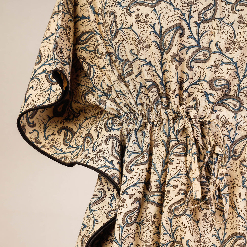 Beige Block Print Cotton Kalamkari Kaftan with Tie-Up Waist