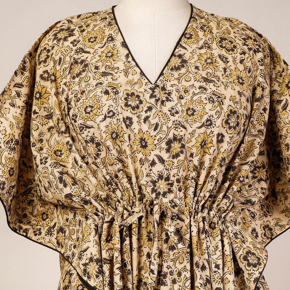 Beige Block Print Cotton Kalamkari Kaftan with Tie-Up Waist