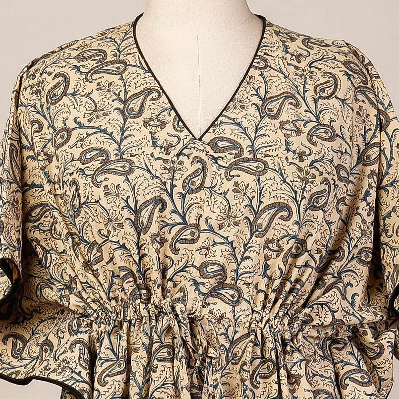 Beige Block Print Cotton Kalamkari Kaftan with Tie-Up Waist