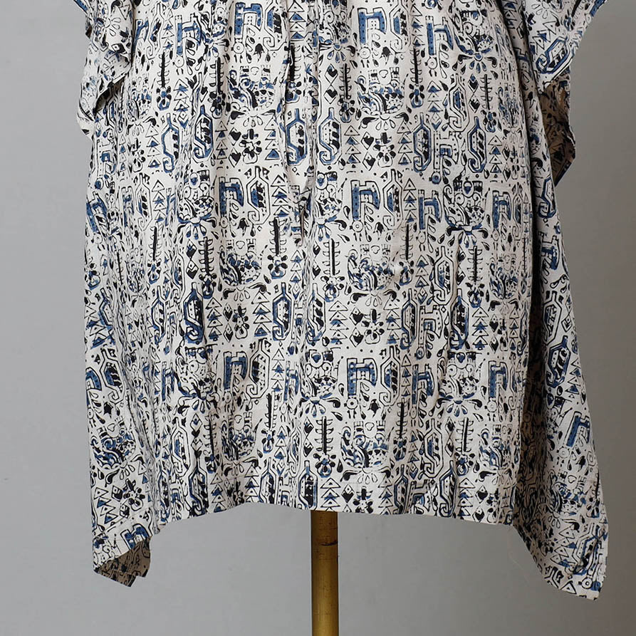 Beige Block Print Cotton Kalamkari Kaftan with Tie-Up Waist